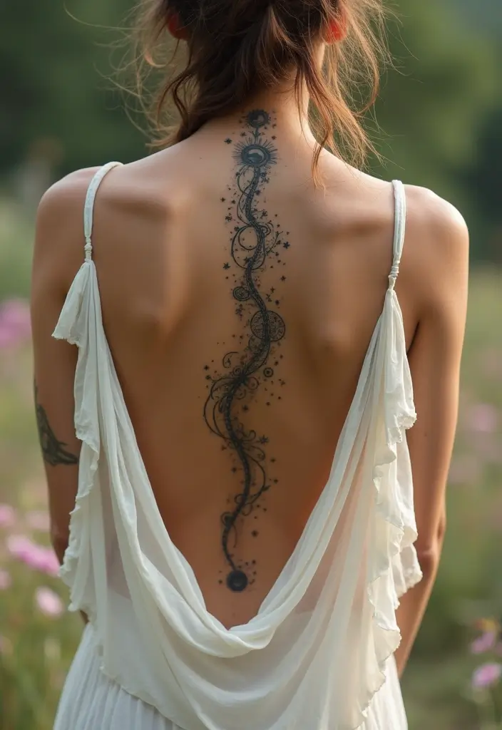 28 Unique Spine Tattoos for Women: One-of-a-Kind Designs - 3. Celestial Bodies