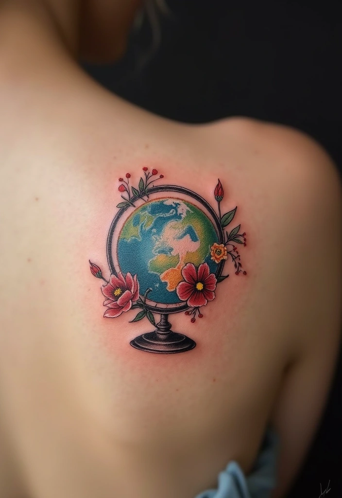 30 Adorable Small Tattoos for Women: Tiny & Cute Designs - 29. Minimalist Globe With Flowers