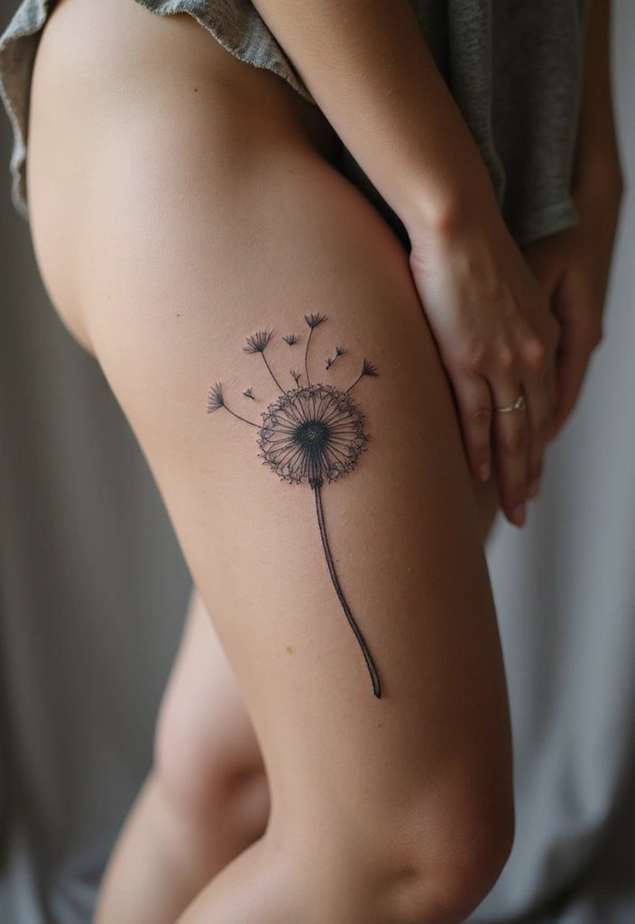 30 Gorgeous Thigh Tattoos for Women: Bold & Feminine Designs - 11. Dandelion Wishes