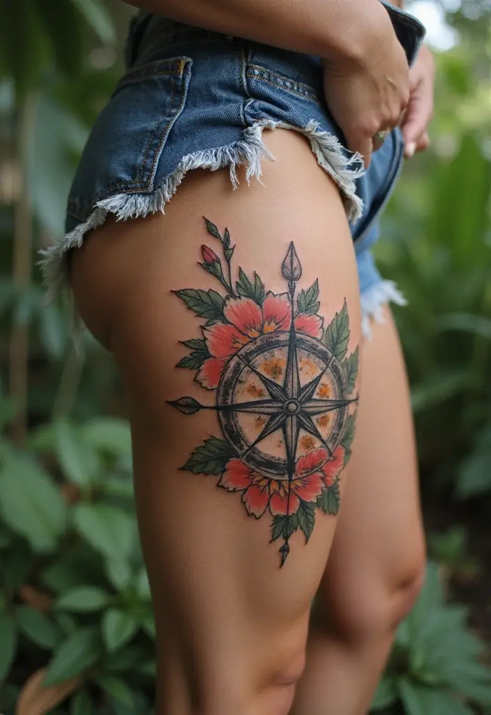 30 Gorgeous Thigh Tattoos for Women: Bold & Feminine Designs - 16. Floral Compass