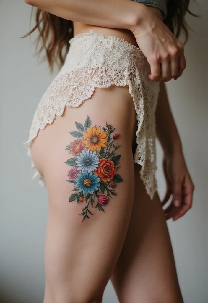 30 Gorgeous Thigh Tattoos for Women: Bold & Feminine Designs - 19. Mixed Floral Bouquet