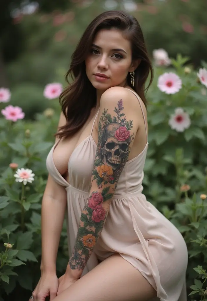 30 Gorgeous Thigh Tattoos for Women: Bold & Feminine Designs - 20. Floral Skull Designs