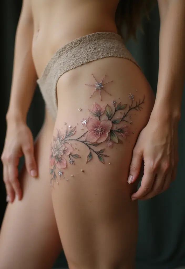 30 Gorgeous Thigh Tattoos for Women: Bold & Feminine Designs - 23. Floral Dreams and Stars