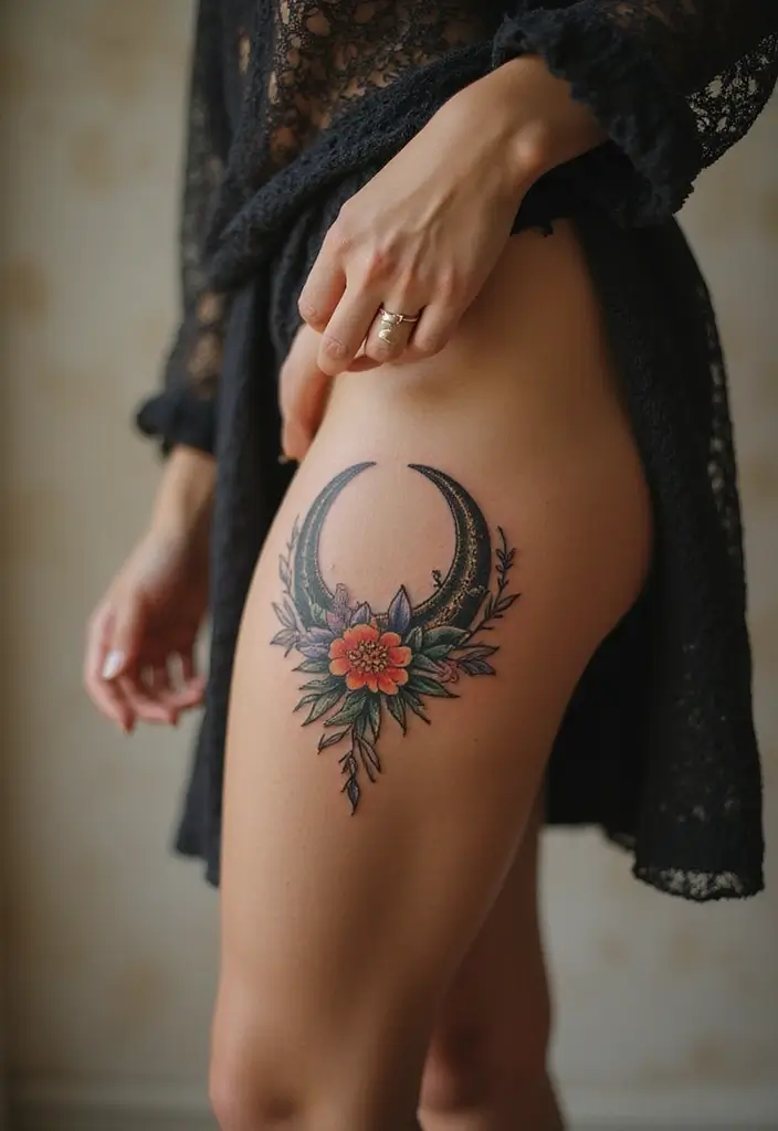 30 Gorgeous Thigh Tattoos for Women: Bold & Feminine Designs - 25. Floral Crescent Moons