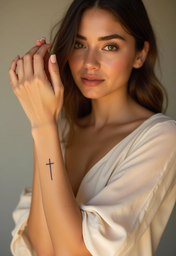 30 Pretty Wrist Tattoos for Women: Delicate & Personal Designs - 27. Simple Cross
