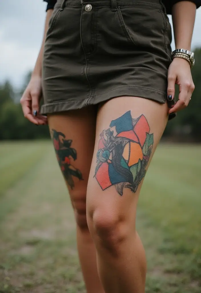 30 Stunning Thigh Tattoos for Women: Elegant, Bold & Meaningful Designs - 10. Abstract Art