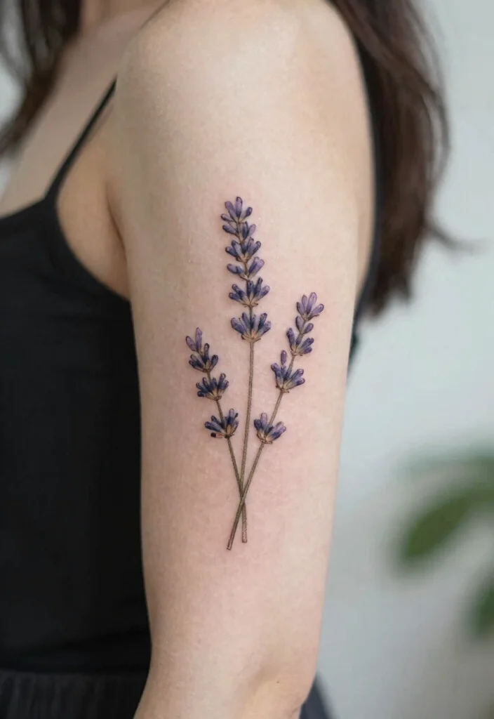 16 Inner Forearm Tattoo Ideas for Women with Elegant Meaning - 13. Simplistic Lavender Sprig 1