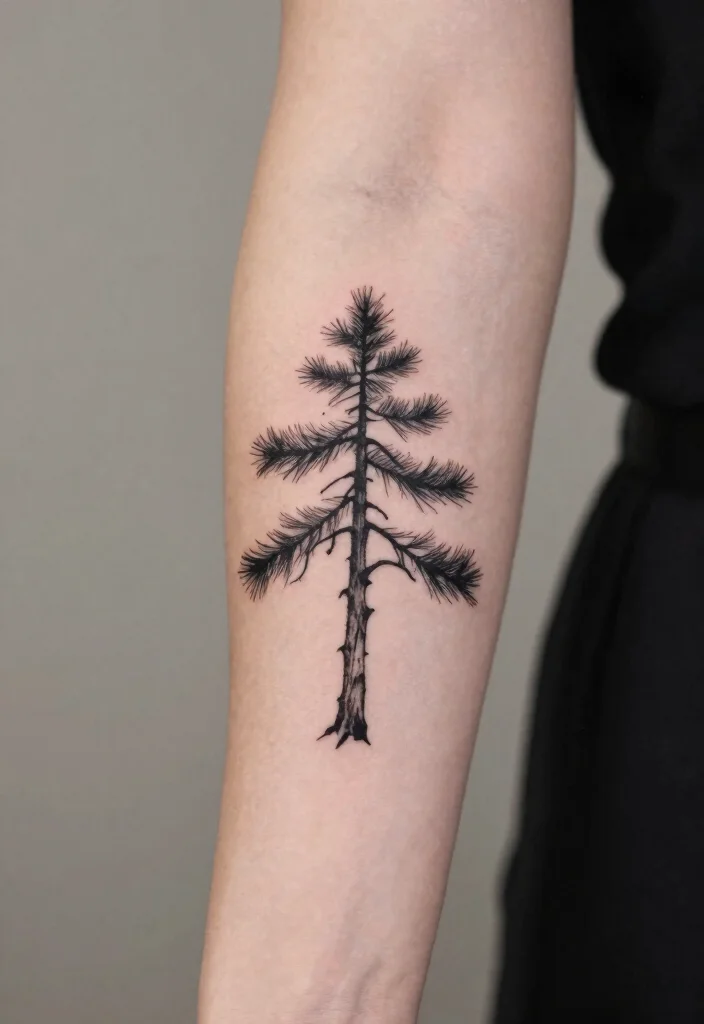 16 Inner Forearm Tattoo Ideas for Women with Elegant Meaning - 16. Minimalist Pine Tree Silhouette 1