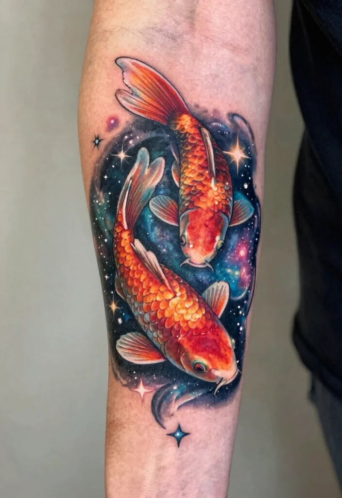 16 Koi Fish Forearm Tattoo Ideas with Powerful Symbolism - 11. Koi with Galaxy Elements 1
