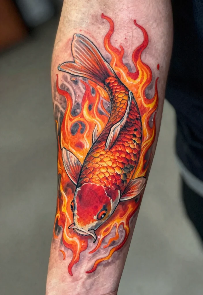 16 Koi Fish Forearm Tattoo Ideas with Powerful Symbolism - 12. Koi with Fire Elements 1