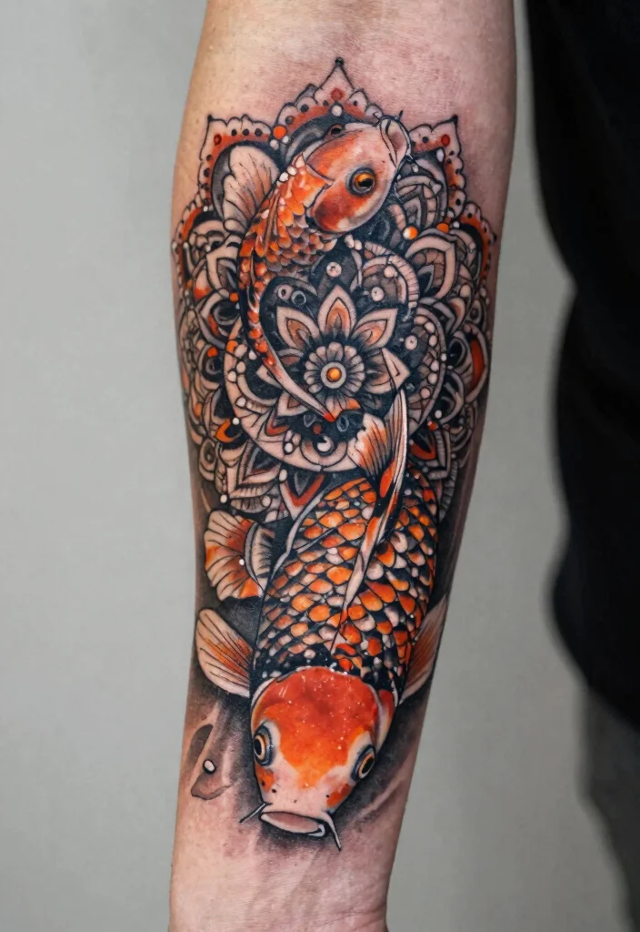 16 Koi Fish Forearm Tattoo Ideas with Powerful Symbolism - 13. Koi with Mandala Patterns 1