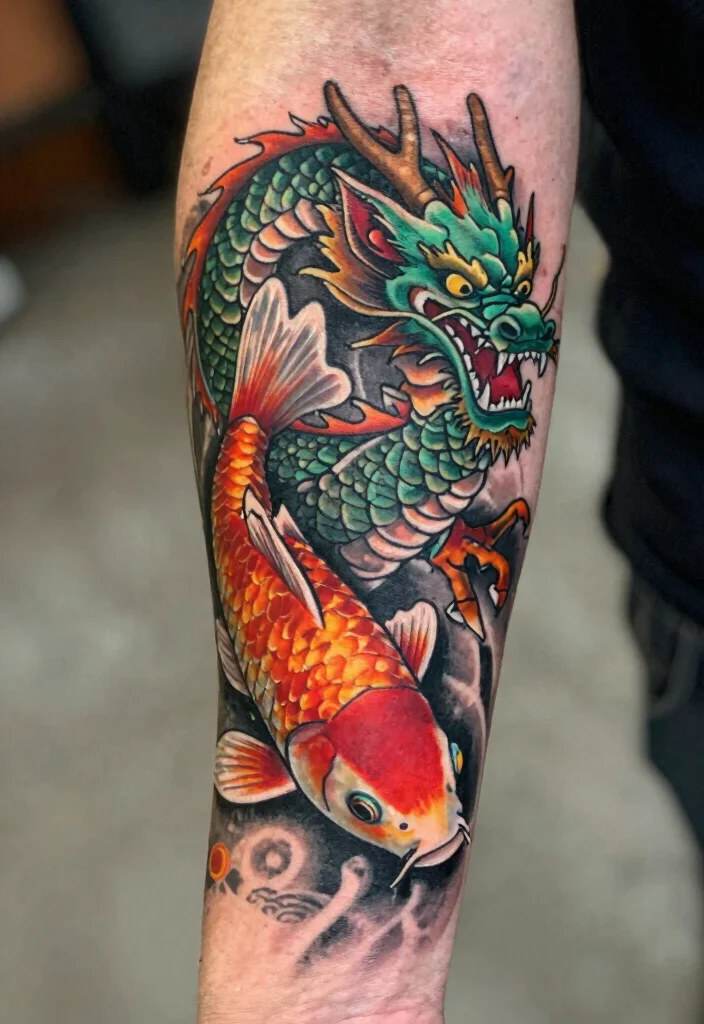 16 Koi Fish Forearm Tattoo Ideas with Powerful Symbolism - 14. Koi with a Dragon 1