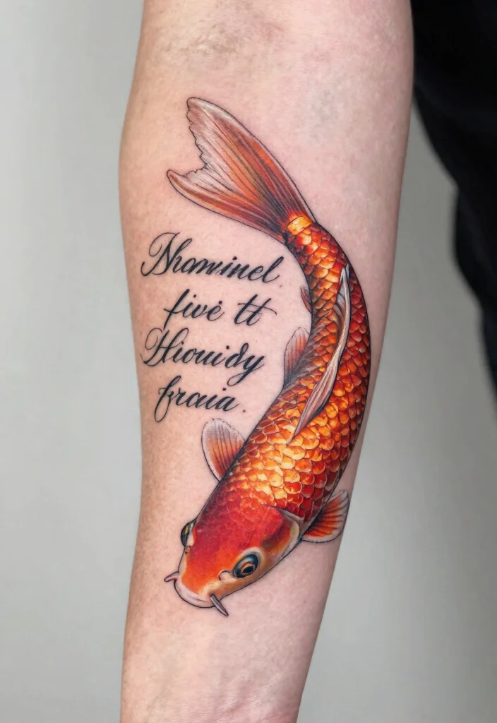 16 Koi Fish Forearm Tattoo Ideas with Powerful Symbolism - 16. Koi with Inspirational Quote 1
