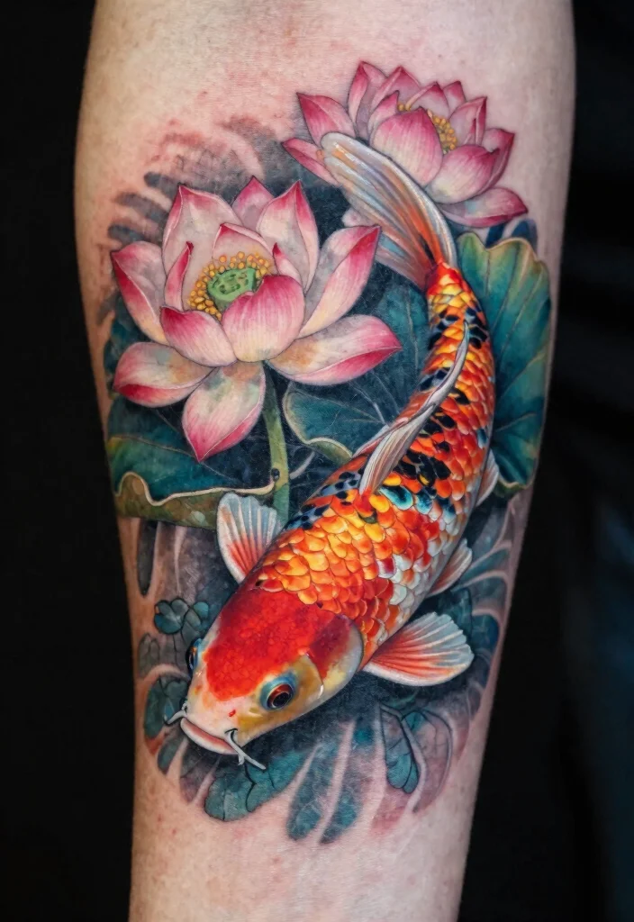 16 Koi Fish Forearm Tattoo Ideas with Powerful Symbolism - 3. Koi with Lotus Flowers 1