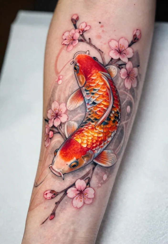 16 Koi Fish Forearm Tattoo Ideas with Powerful Symbolism - 6. Koi with Cherry Blossoms 1