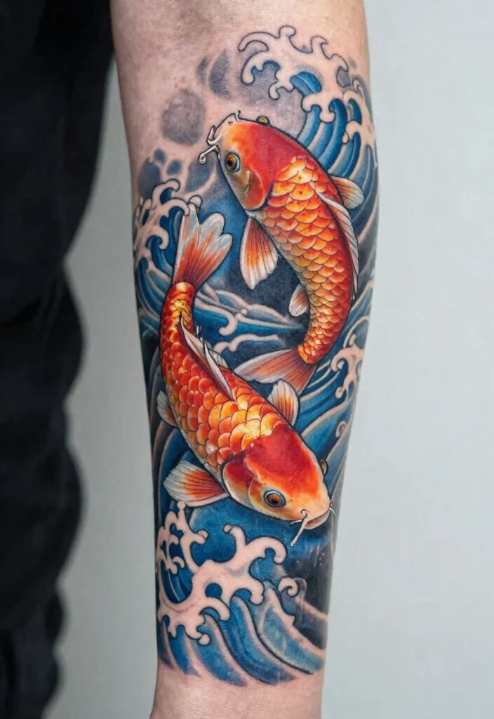 16 Koi Fish Forearm Tattoo Ideas with Powerful Symbolism - 7. Koi with Waves 1