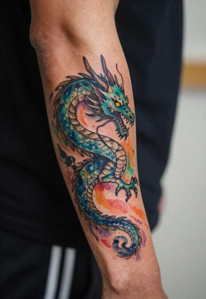 17 Dragon Forearm Tattoo Designs for Men Who Love Mythical Art - 5. The Watercolor Dragon 1