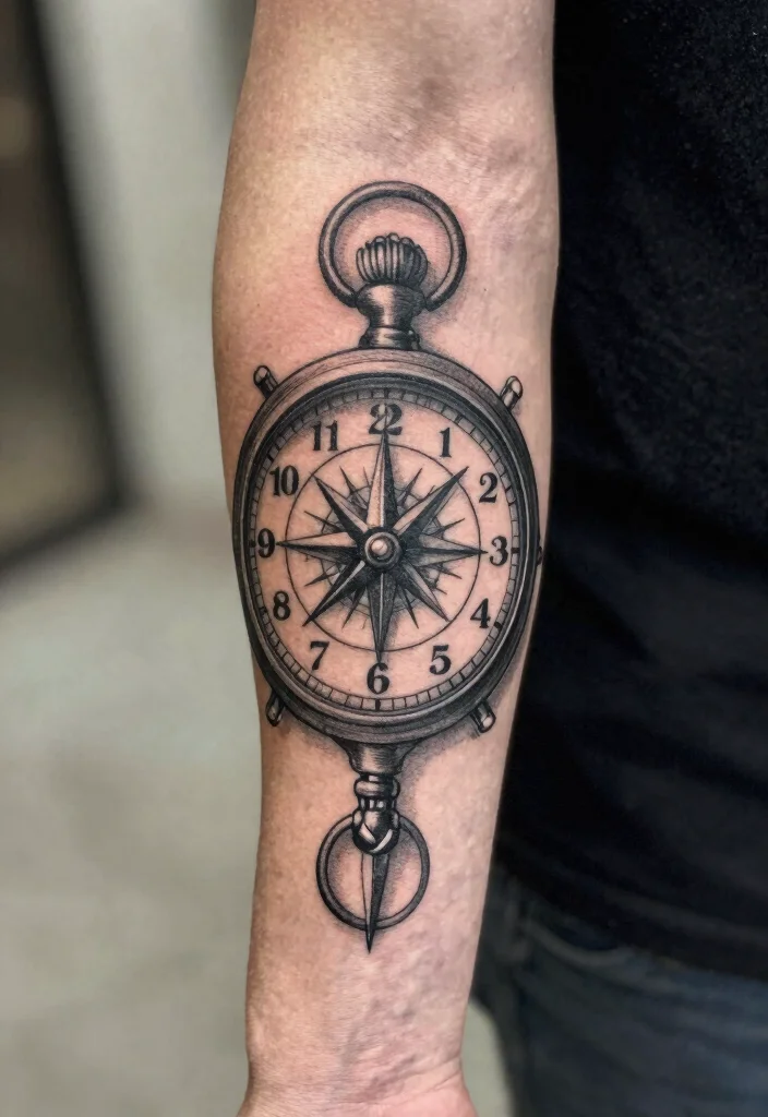 18 Forearm Tattoo Ideas for Men That Balance Art and Masculinity - 12. Clock and Compass Designs 1