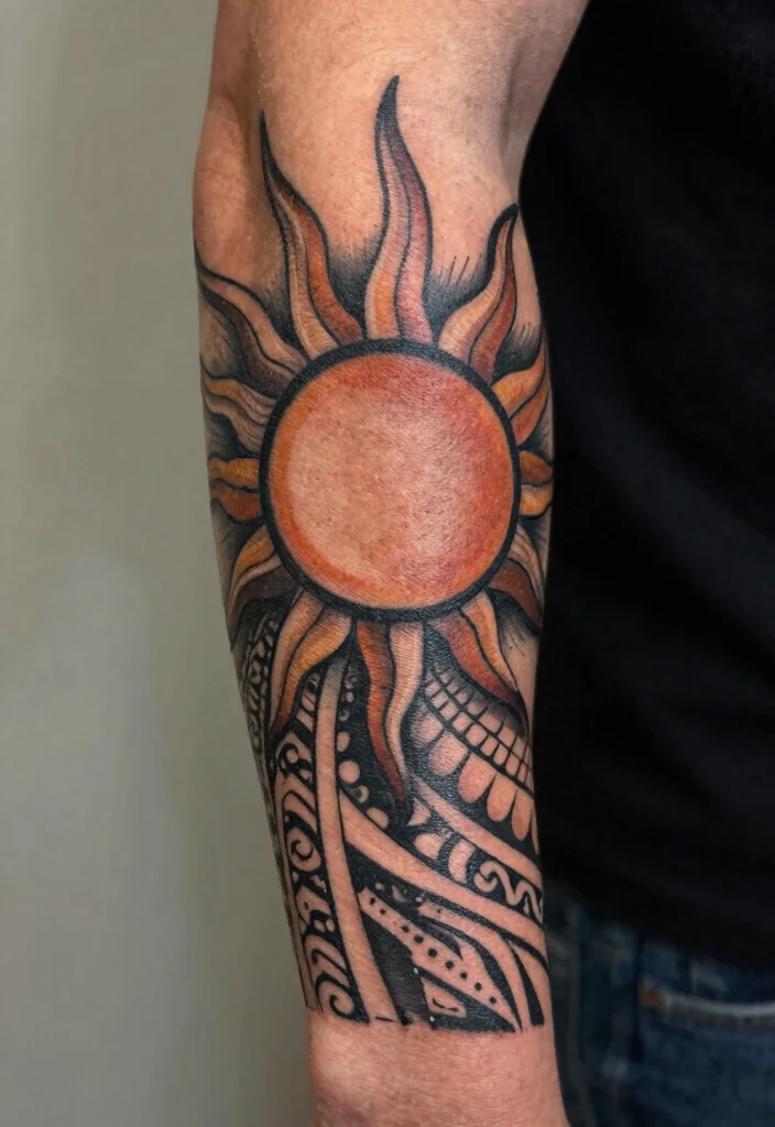18 Polynesian Forearm Tattoo Designs for Men with Deep Meanings - 17. The Sun – Source of Life 1