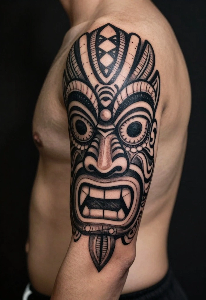 18 Polynesian Forearm Tattoo Designs for Men with Deep Meanings - 4. The Tiki Face – Guardian Spirit 1