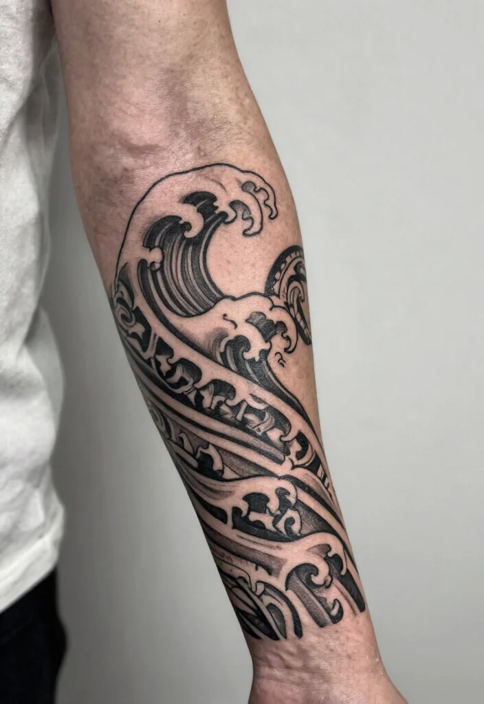 18 Polynesian Forearm Tattoo Designs for Men with Deep Meanings - 5. The Wave – Flow of Life 1