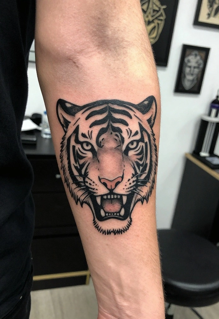 19 Tiger Forearm Tattoo Ideas for Men That Symbolize Strength - 1. Fierce Minimalist Tiger Head 1