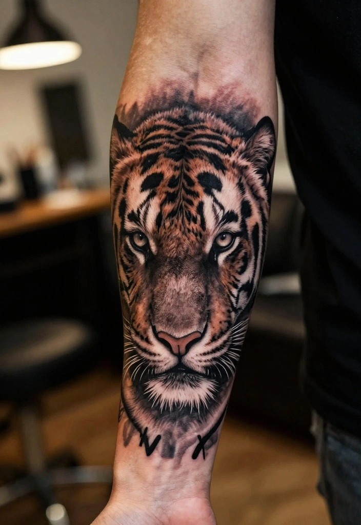 19 Tiger Forearm Tattoo Ideas for Men That Symbolize Strength - 10. Half-Tiger Face 1