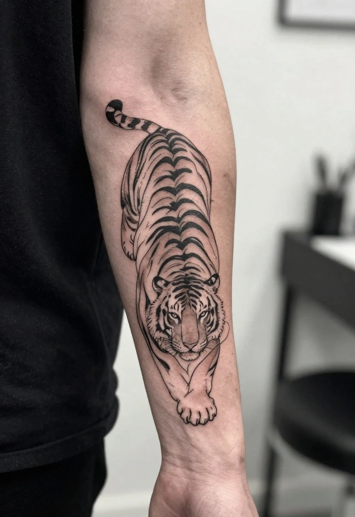 19 Tiger Forearm Tattoo Ideas for Men That Symbolize Strength - 11. Tiger Abstract Lines 1