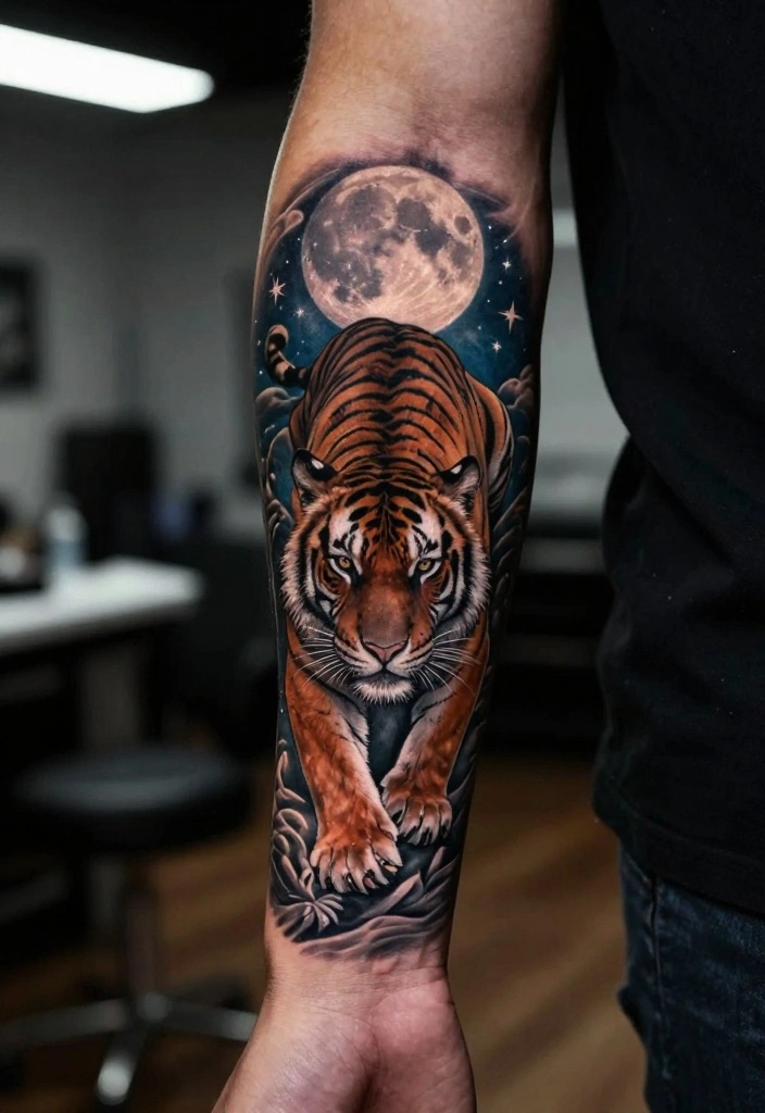 19 Tiger Forearm Tattoo Ideas for Men That Symbolize Strength - 12. Tiger Under a Full Moon 1