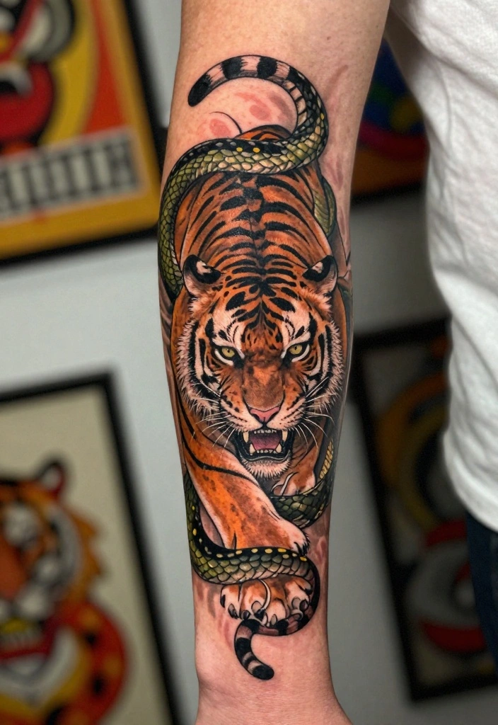 19 Tiger Forearm Tattoo Ideas for Men That Symbolize Strength - 14. Tiger and Snake 1