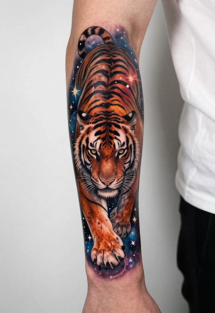 19 Tiger Forearm Tattoo Ideas for Men That Symbolize Strength - 16. Cosmos Tiger 1