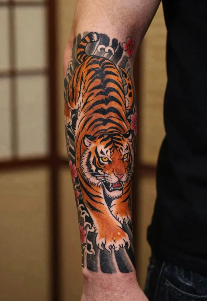 19 Tiger Forearm Tattoo Ideas for Men That Symbolize Strength - 17. Tiger in Japanese Style 1