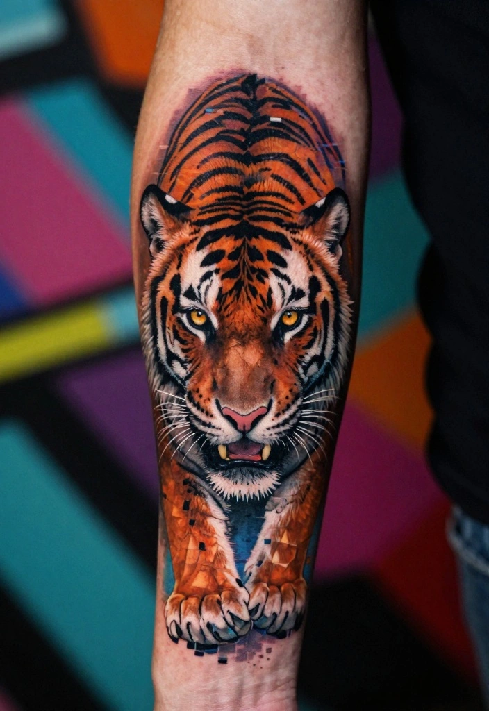 19 Tiger Forearm Tattoo Ideas for Men That Symbolize Strength - 18. Glitch Art Tiger 1