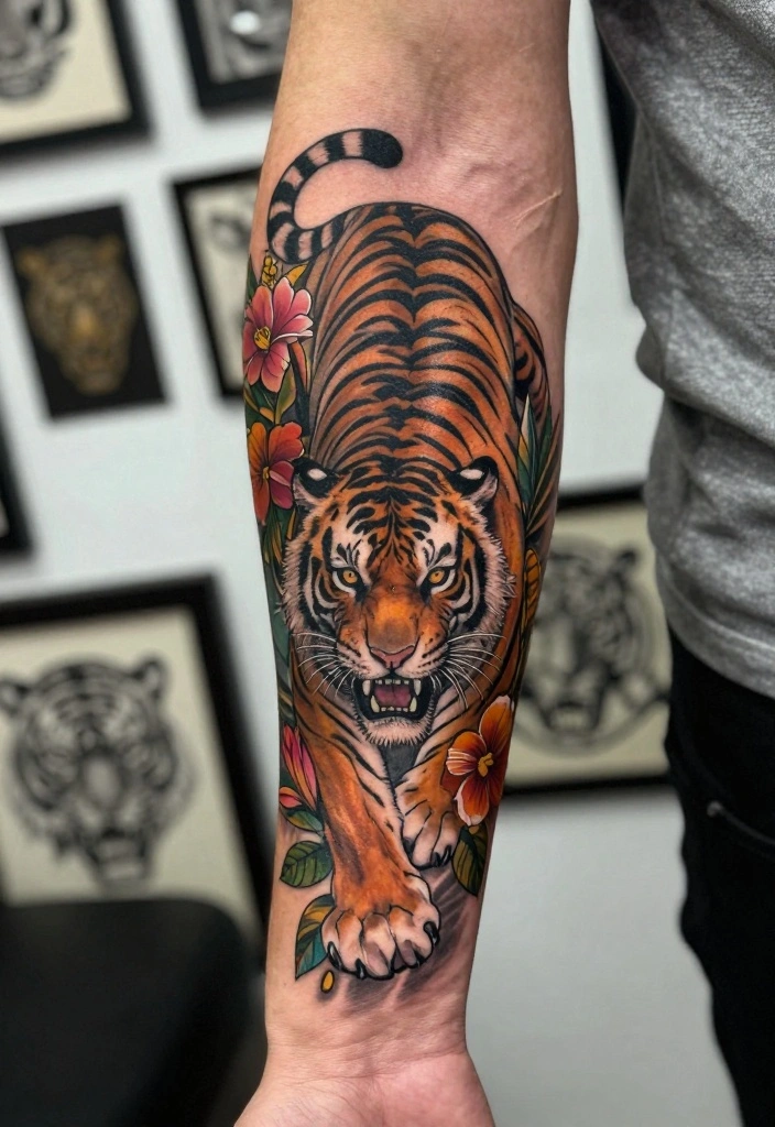 19 Tiger Forearm Tattoo Ideas for Men That Symbolize Strength - 4. Stylized Tiger with Floral Elements 1