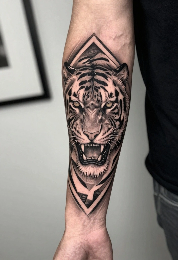 19 Tiger Forearm Tattoo Ideas for Men That Symbolize Strength - 7. Geometric Tiger Design 1