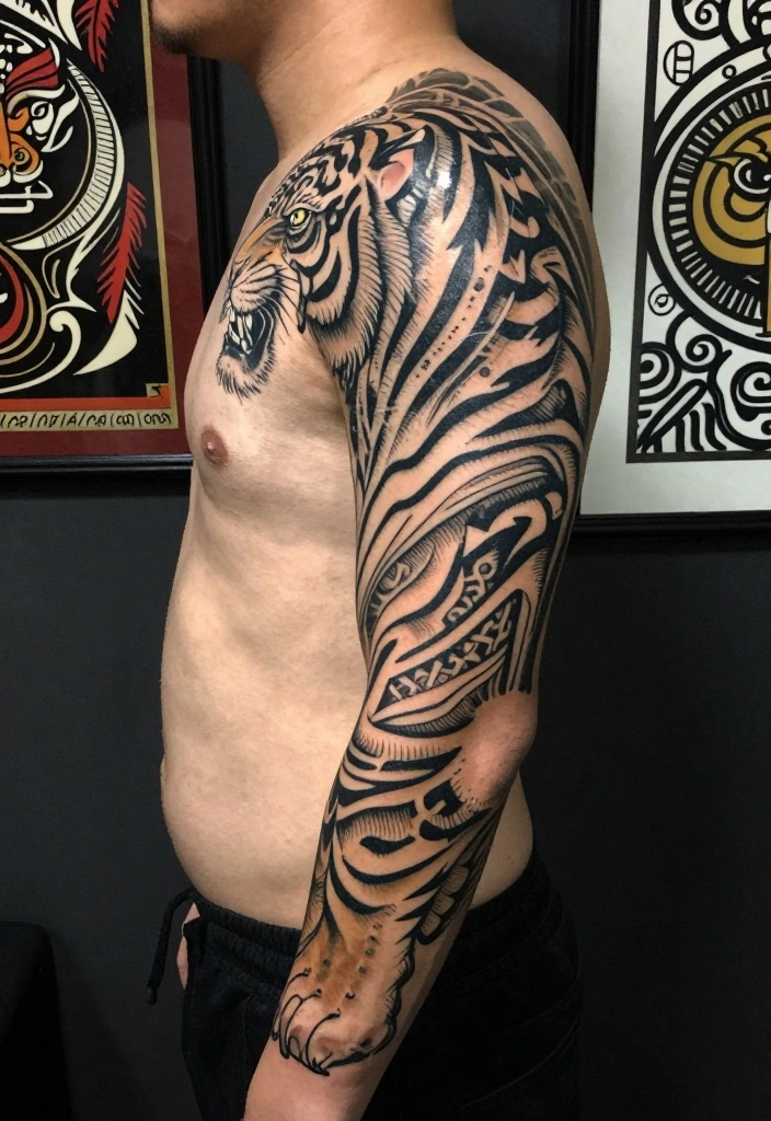 19 Tiger Forearm Tattoo Ideas for Men That Symbolize Strength - 9. Tribal Tiger Design 1