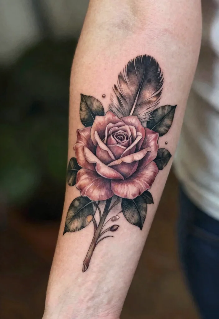 20 Rose Forearm Tattoo Ideas That Combine Beauty and Strength - 15. Rose with Feather 1