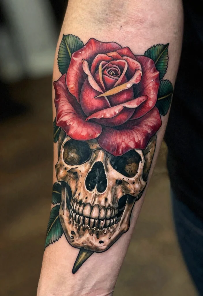 20 Rose Forearm Tattoo Ideas That Combine Beauty and Strength - 17. Rose and Skull 1