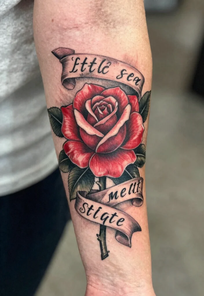 20 Rose Forearm Tattoo Ideas That Combine Beauty and Strength - 19. Rose with Banners 1