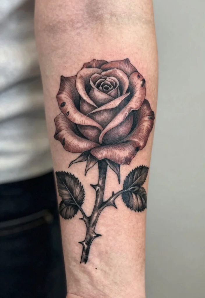20 Rose Forearm Tattoo Ideas That Combine Beauty and Strength - 5. Rose with Thorns 1