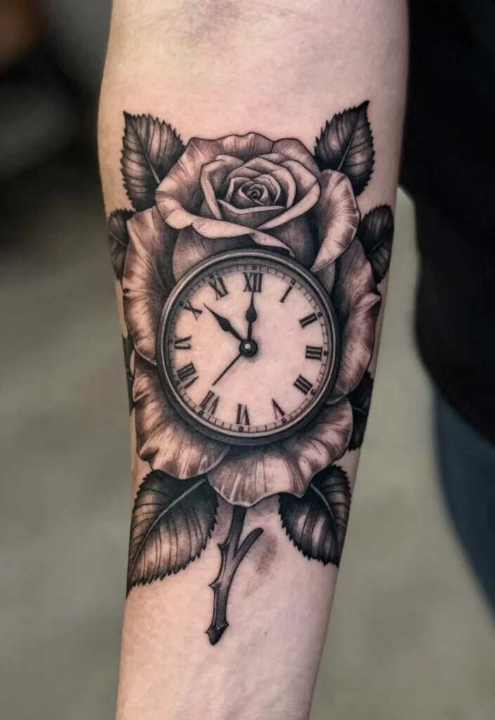 20 Rose Forearm Tattoo Ideas That Combine Beauty and Strength - 7. Rose and Clock 1